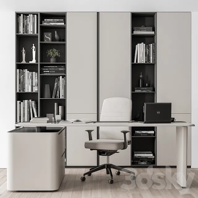 Boss Desk with Library Black and White Table - Office Furniture 285 3D Model