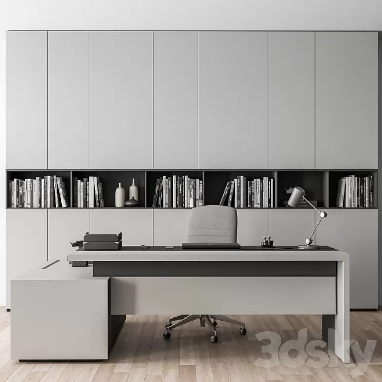 Boss Desk with Library Gray Set - Office Furniture 249 3D Model Free