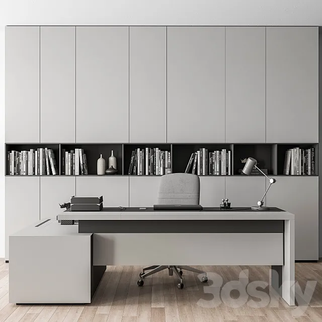 Boss Desk with Library Gray Set - Office Furniture 249 3DModel