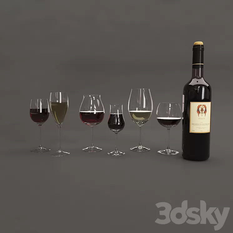 Bottle and glasses of wine 3D Model