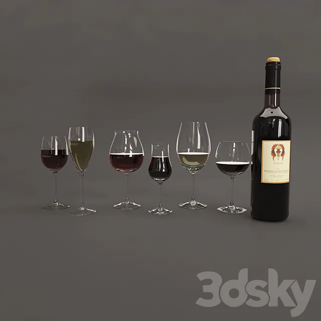 Bottle and glasses of wine 3DModel