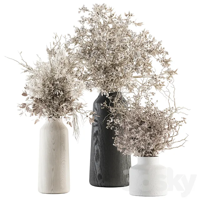 Bouquet - Dried Branch in Wooden vase 75 3DModel
