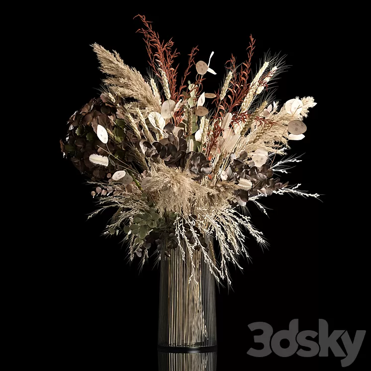 Bouquet in a glass vase made of dried flower hydrangea pampas grass reed cortaderia lunnik. 259. 3D Model