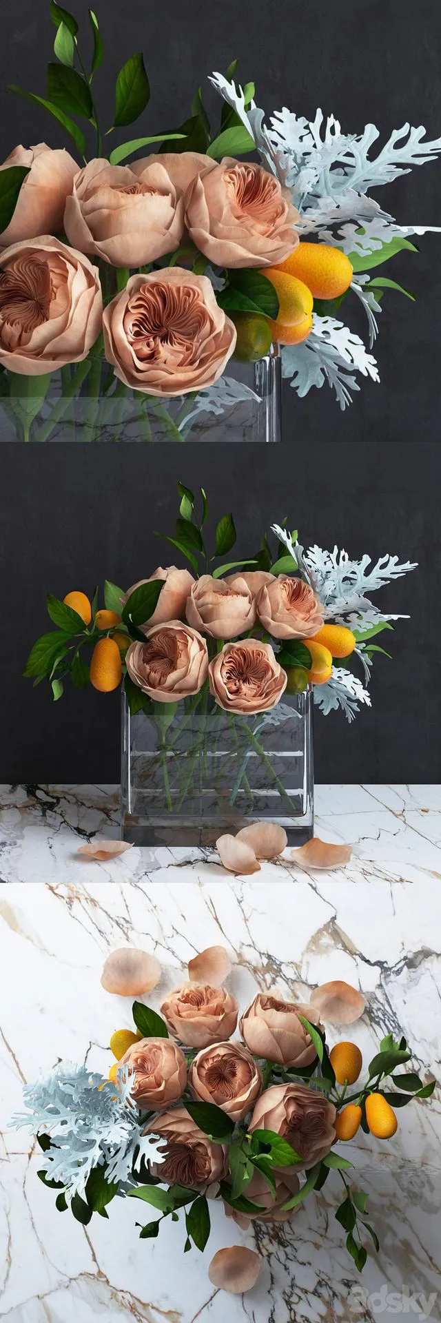Bouquet of Austin's Roses Kumquat and Dusty Miller plant 3D Model