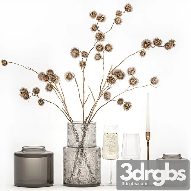 Bouquet of Dried Flowers from Burdock Thorn Branches With Vase and Glass of Sparkling Wine 253 3D Model Free