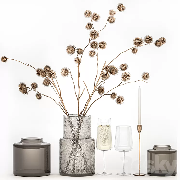 Bouquet of dried flowers from thorn branches burdock with a vase and a glass of sparkling wine. 253 3D Model Free Download