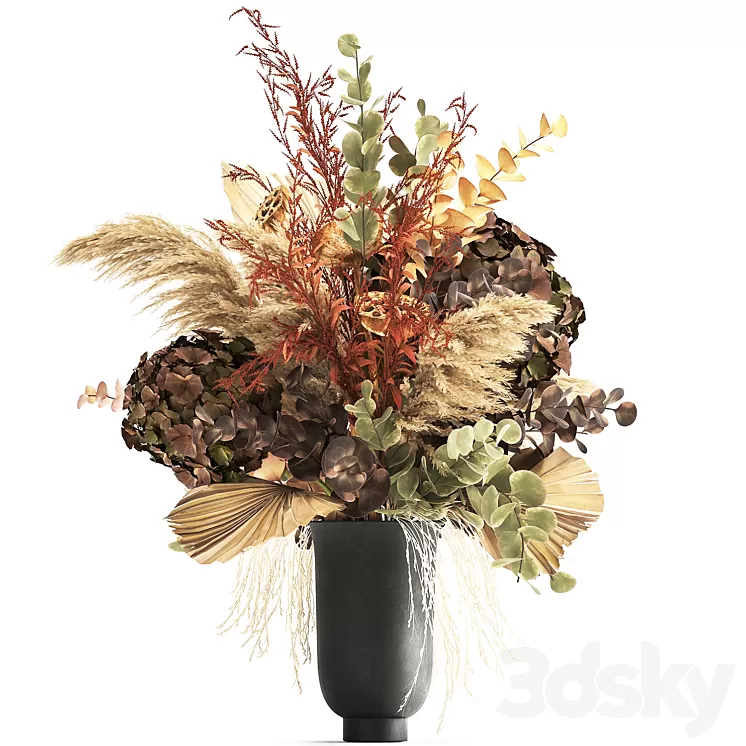 Bouquet of dried flowers in a black vase with dry branches of palm leaves pampas and Hydrangea. 160. 3D Model Free