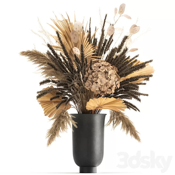 Bouquet of dried flowers in a black vase with dry branches of palm leaves pampas and Hydrangea. 168. 3D Model Free