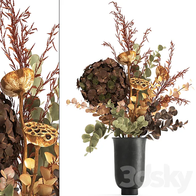 Bouquet of dried flowers in a black vase with dry red branches of Solidago Hydrangea Dry lotus and Barberry . 158. 3D Model