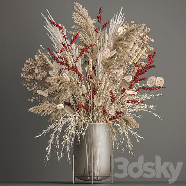 Bouquet of Dried flowers in a glass vase from a branch of pampas grass lunnik. 204 3D Model
