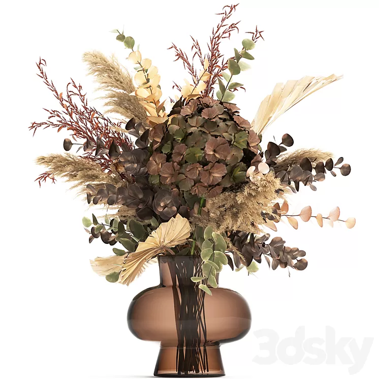 Bouquet of dried flowers in a glass vase with dry branches of palm leaves pampas and Hydrangea. 161. 3D Model