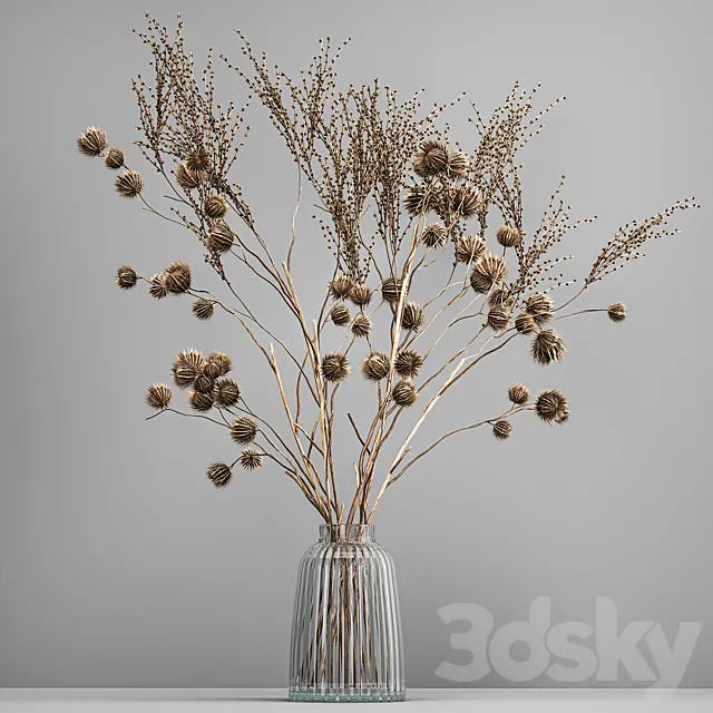 Bouquet of dried flowers in a glass vase with thorn branches and dry thistle. 183. 3D Model