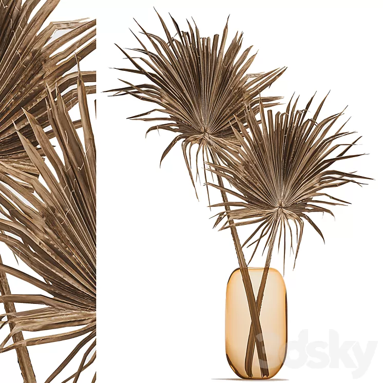 Bouquet of dried flowers in a vase with branches of dry palm leaves. 187. 3D Model