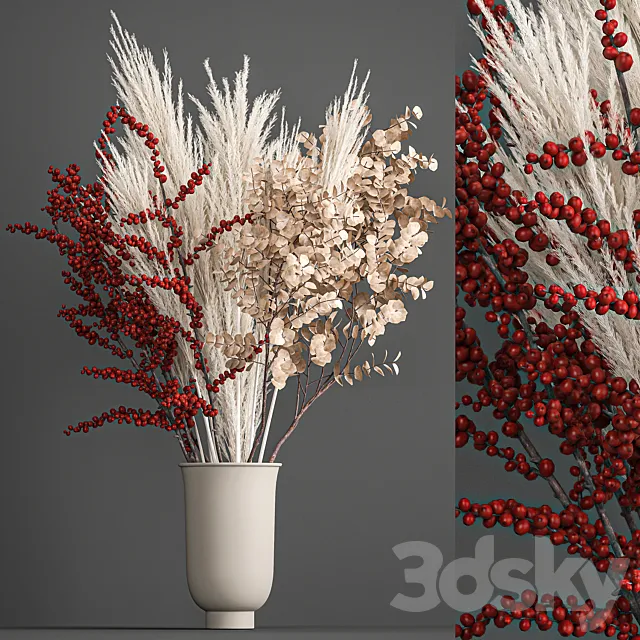 Bouquet of dried flowers in a vase with branches of red berries and white veinik. 199. 3D Model