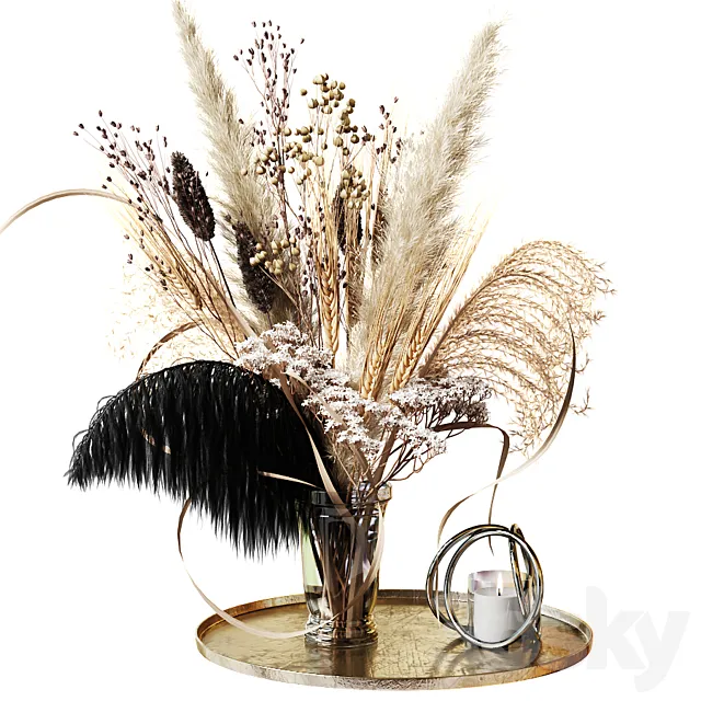 Bouquet of dried flowers with a black feather 3DModel