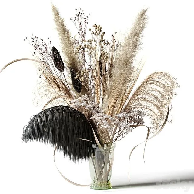 Bouquet of dried flowers with a black feather in a glass vase 3D Model