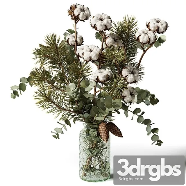 Bouquet of Eucalyptus Pine and Cotton in a Glass Vase 3D Model Free