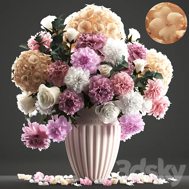 Bouquet of flowers 61. White hydrangea peonies rose eucalyptus carnation table decor 3D Model