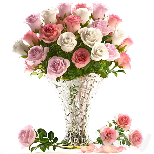 Bouquet of pink roses 18. Roses vase decor white classic vase 3D Model