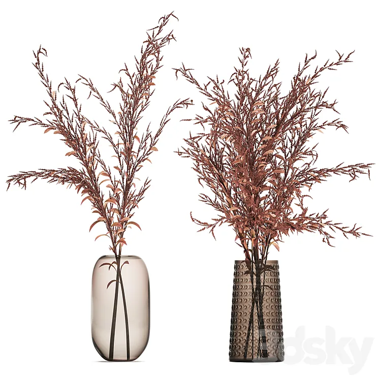 Bouquet of red branches of dried flowers in a glass vase with Goldenrod Solidago. Set 153. 3D Model Free