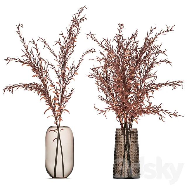 Bouquet of red branches of dried flowers in a glass vase with Goldenrod. Solidago. Set 153. 3DModel