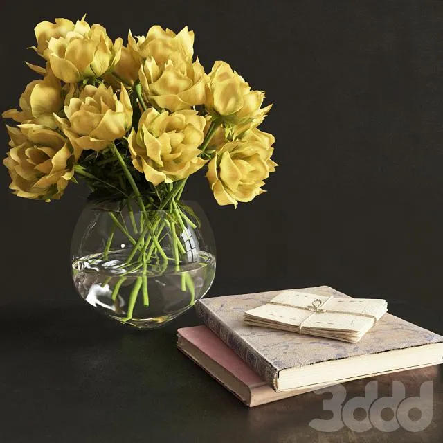 Bouquet of roses and books 3D Model