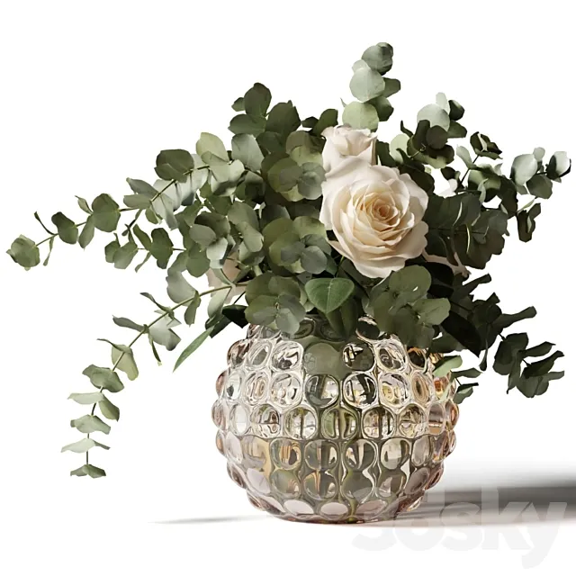 Bouquet of roses and eucalyptus in a glass pimpled vase 3D Model