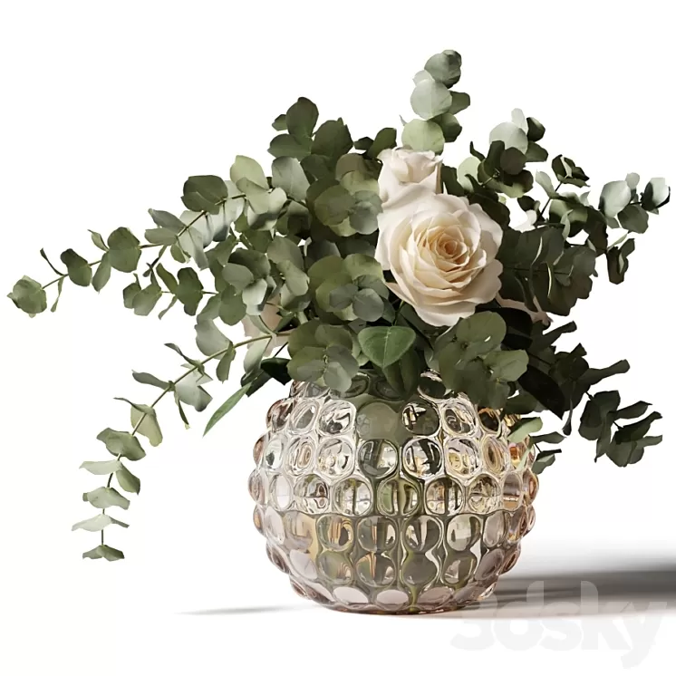Bouquet of roses and eucalyptus in a glass pimpled vase 3D Model