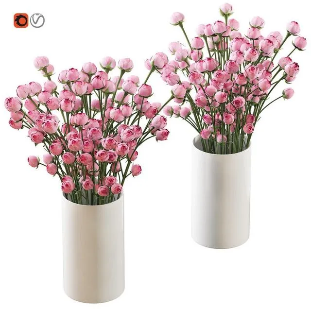 Bouquet of small pink bush roses in a white vase 3D Model