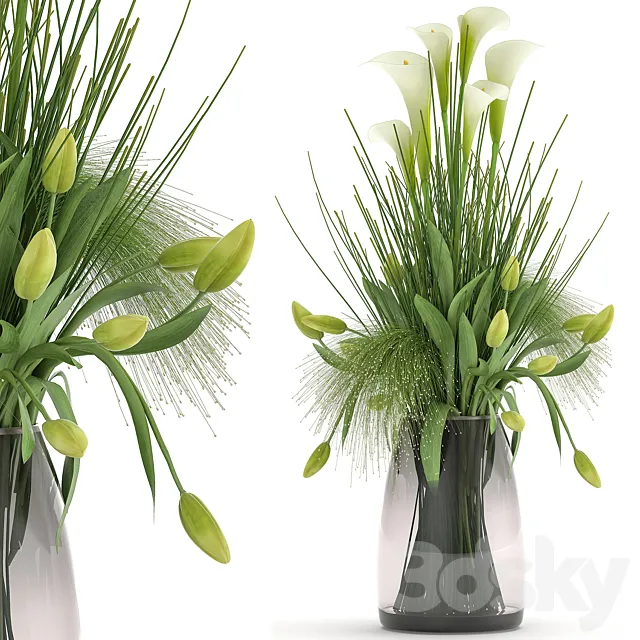 Bouquet of spring green flowers in a glass vase with a tulip Calla. 115. Free Download