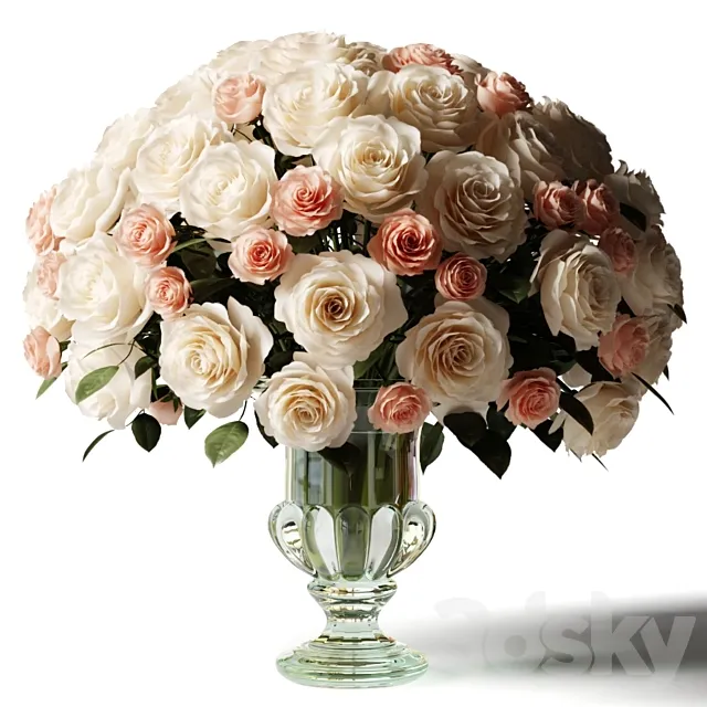 Bouquet of white and pink roses in a glass classic vase 3D Model