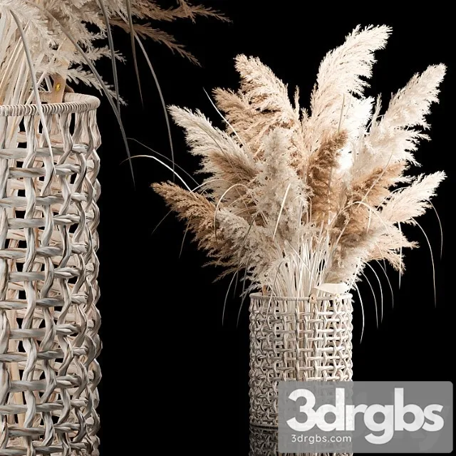 Bouquet Of White Dried Flowers In A Wicker Basket Reeds Pampas Grass Cortaderia 256 3D Model Free