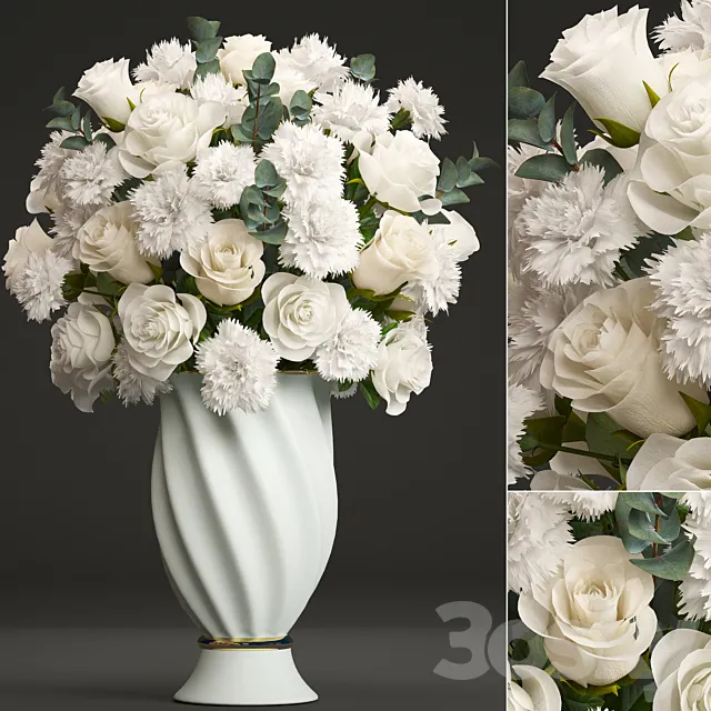 Bouquet of white flowers 35. Spring bouquet vase eucalyptus white rose carnation luxury decor classic vase 3D Model