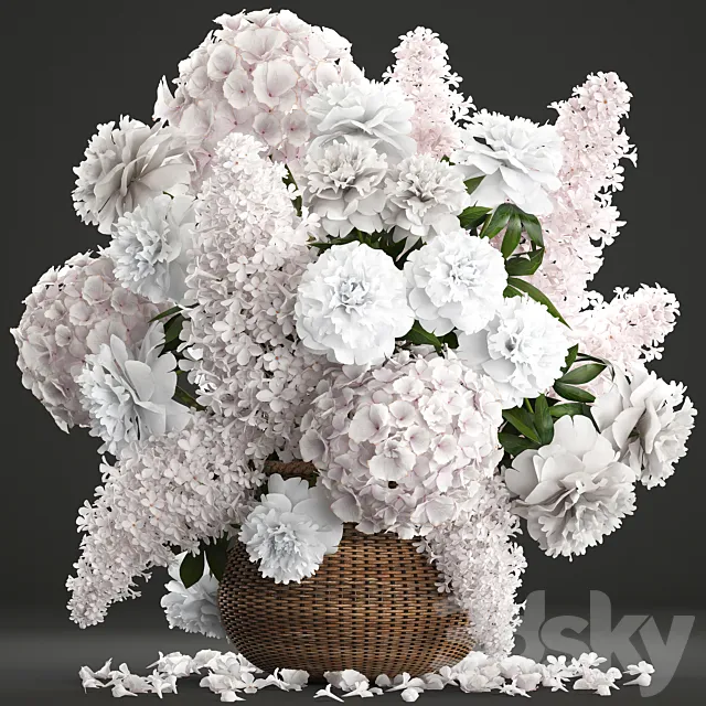 Bouquet of white flowers 82. Flowers hydrangea basket peonies lilac eco design natural decor table decoration 3D Model