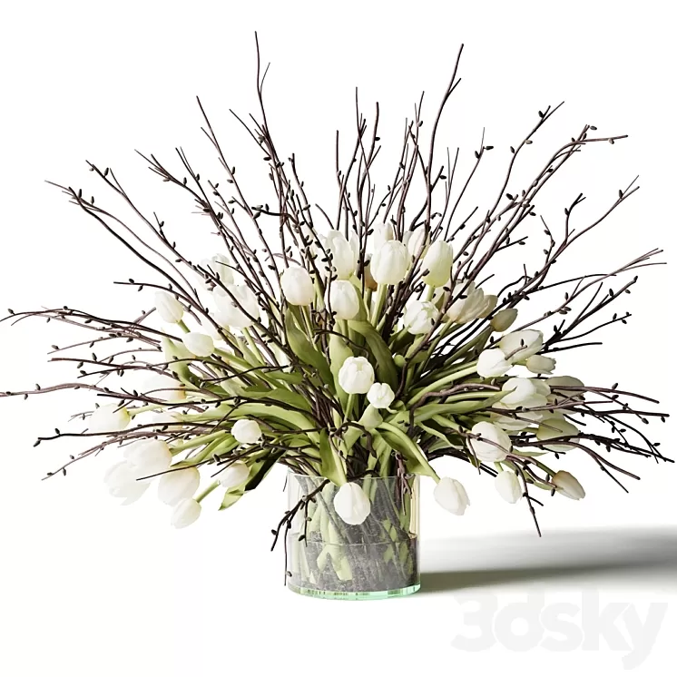 Bouquet of white tulips and branches in a glass vase 3D Model Free