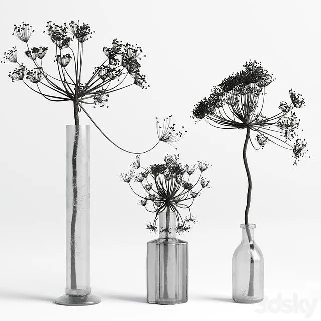 Bouquet Set 01 Vase Glass Dry Hogweed 3D Model