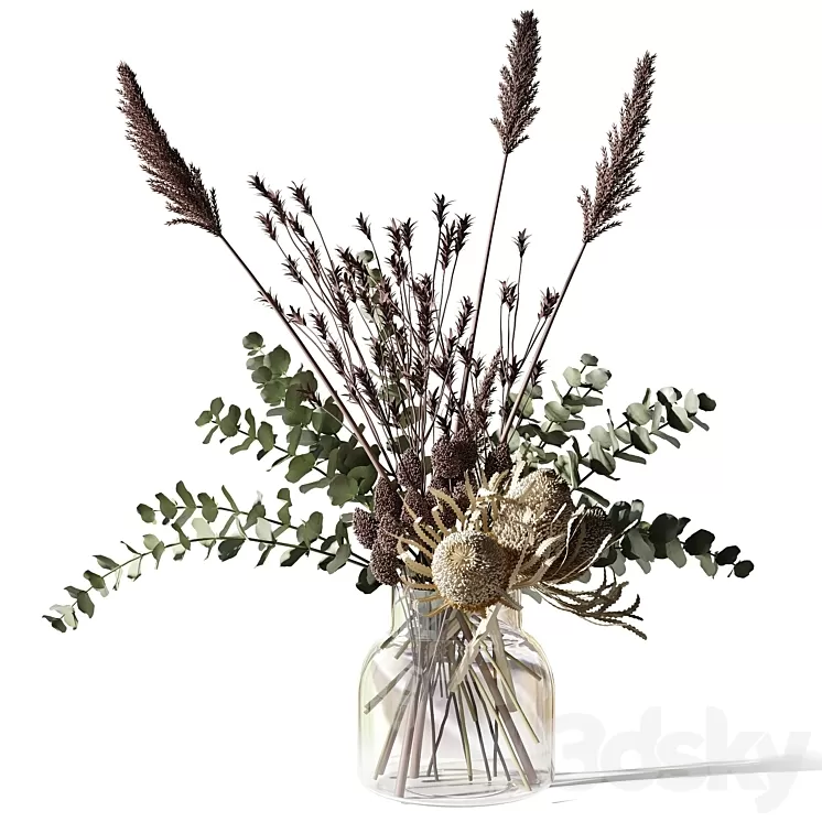 Bouquet with eucalyptus bankxias and tall grass in a glass vase 3D Model
