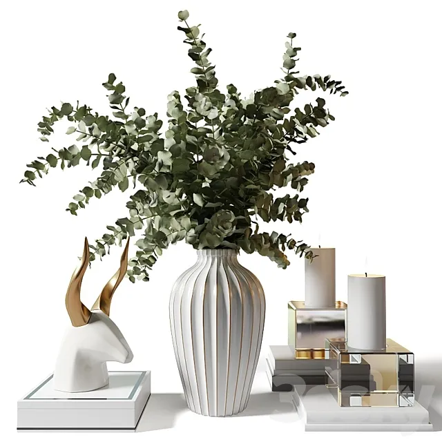 Bouquet with eucalyptus in an elegant white vase with stripes 3DModel