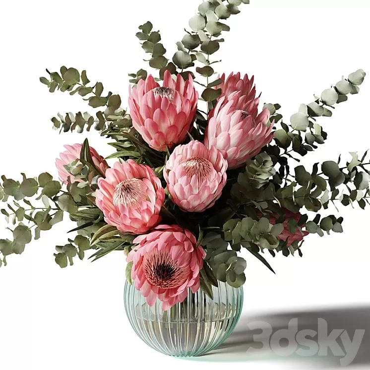 Bouquet with pink proteas and eucalyptus in a ribbed glass vase 3D Model