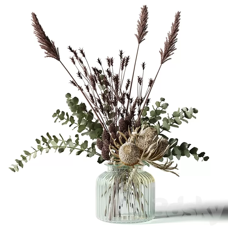 Bouquet with tall grass eucalyptus and bankxias in a ribbed glass vase 3D Model Free