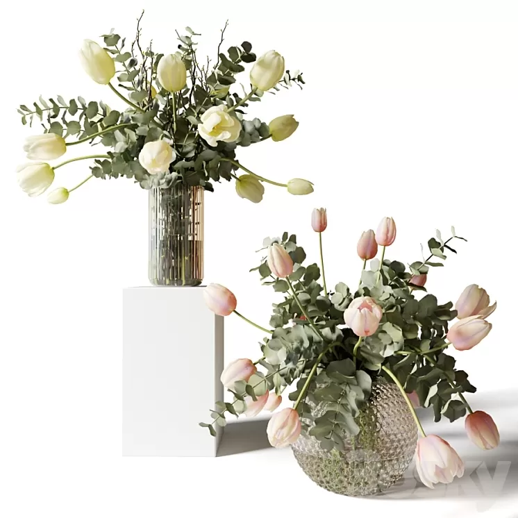 Bouquets of eucalyptus and tulips in glass vases 3D Model Free