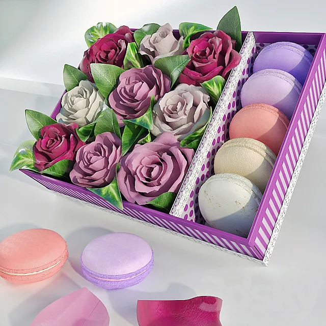 Box with roses and makarons 3D Model