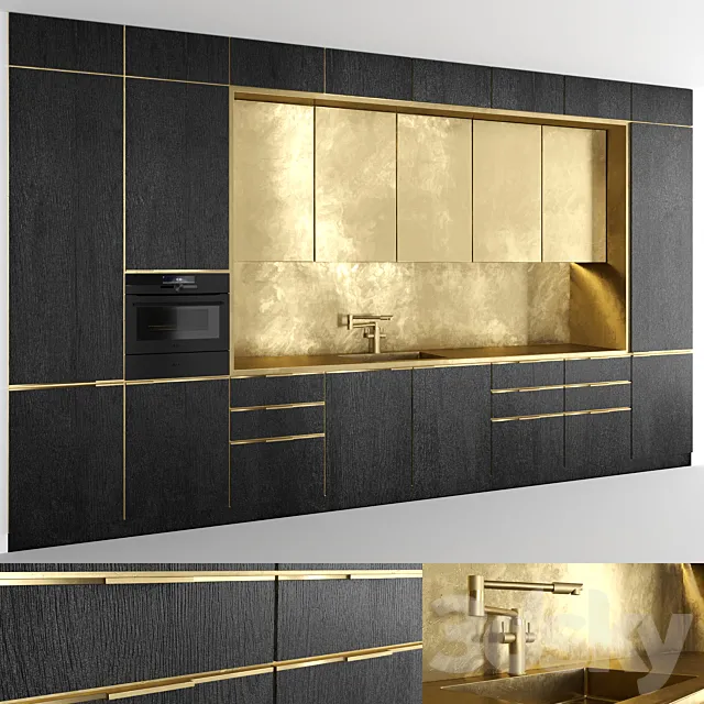 Brass black wood kitchen 3D Model