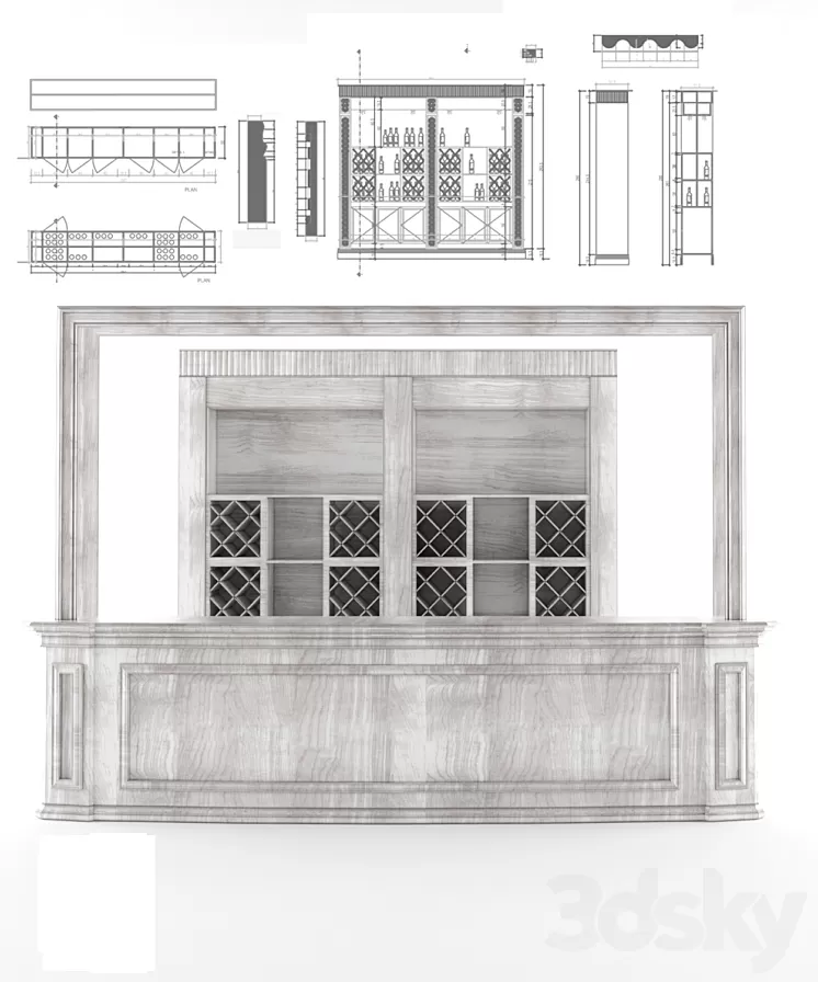 Breakfast bar + rack (cabinet) + drawing (dwg) 3D Model