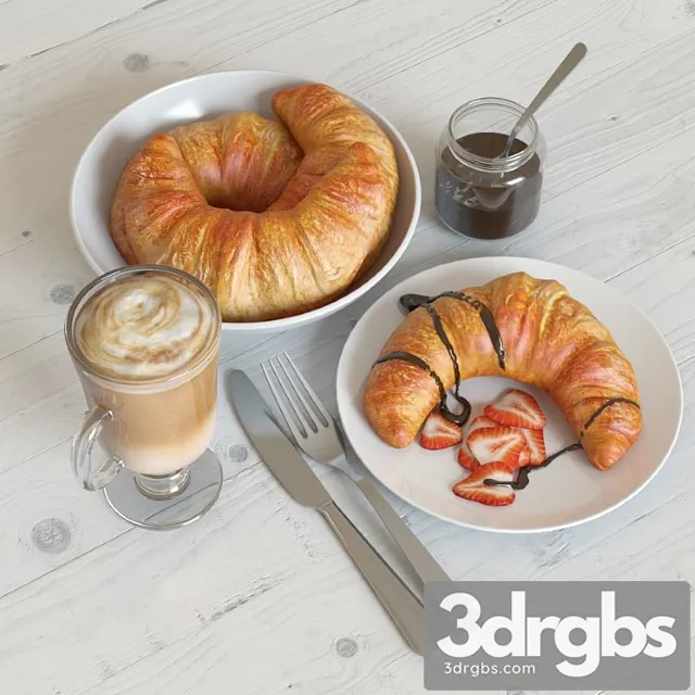 Breakfast with croissant 3D Model Free