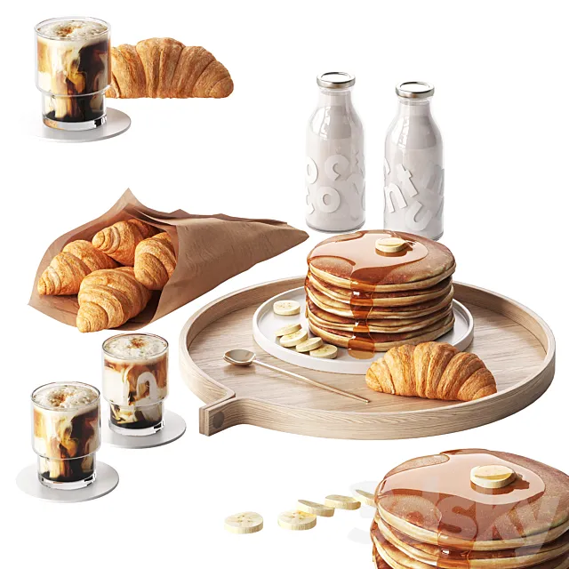 Breakfast with pancakes and croissants with coffee Free Download