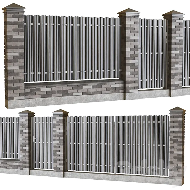 Brick fence with euro picket fence 3D Model
