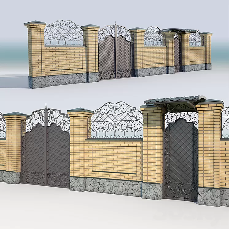 Brick fence_forging gate 3D Model