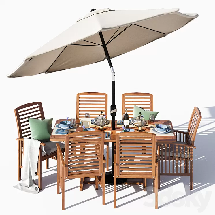 Brown Acacia 7- Piece Dining Set 3D Model