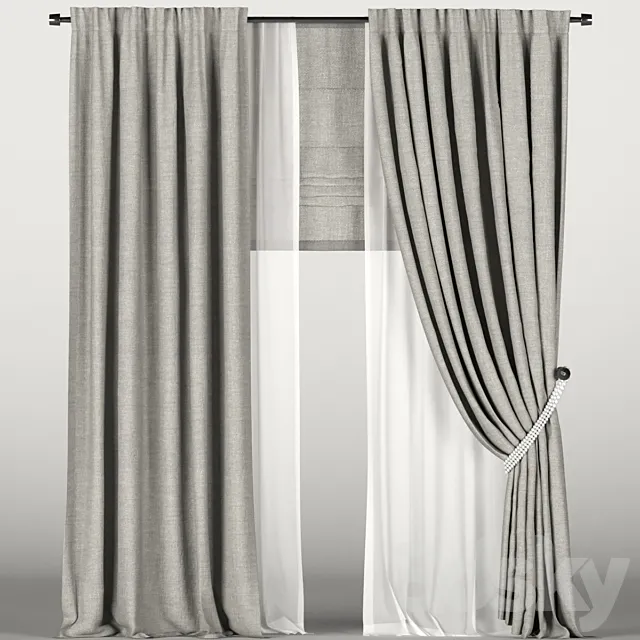 Brown curtains in the background with tulle and a Roman curtain. 3D Model